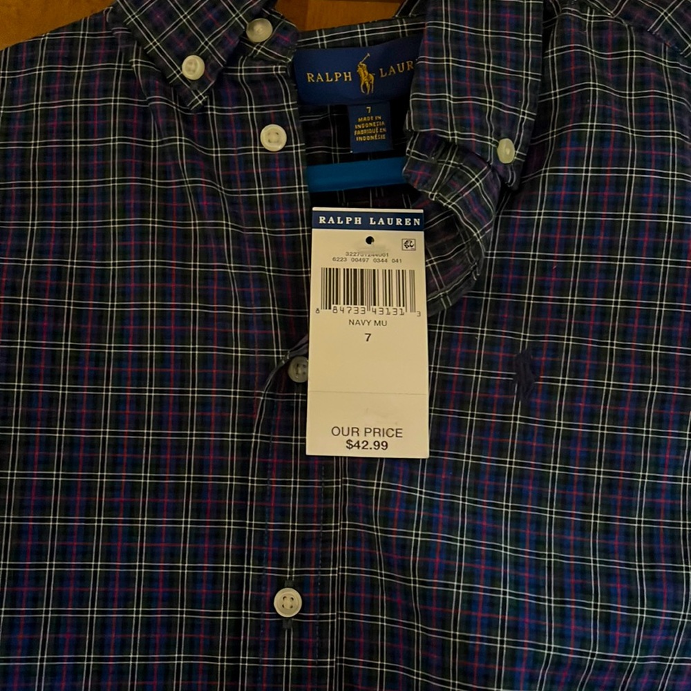 Boys Size 7 Ralph Lauren blue plaid button down.  Never worn.  Still has tags.